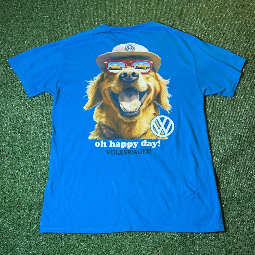 Volkswagen Oh Happy Day Golden Retriever Dog Blue Graphic T-Shirt Mens Medium